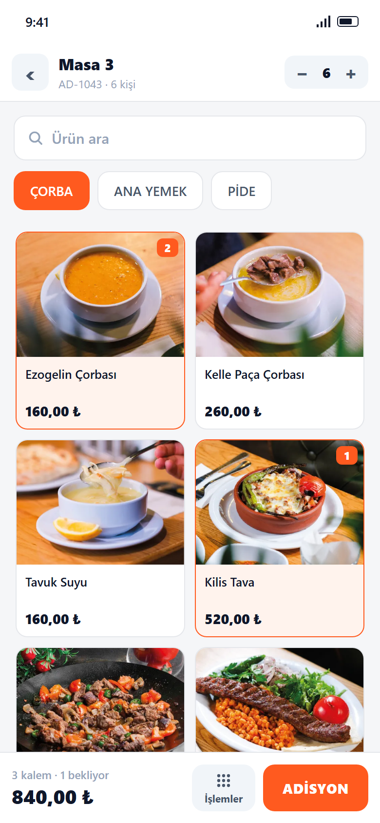 Mubipos Mobil - sipariş ekranı