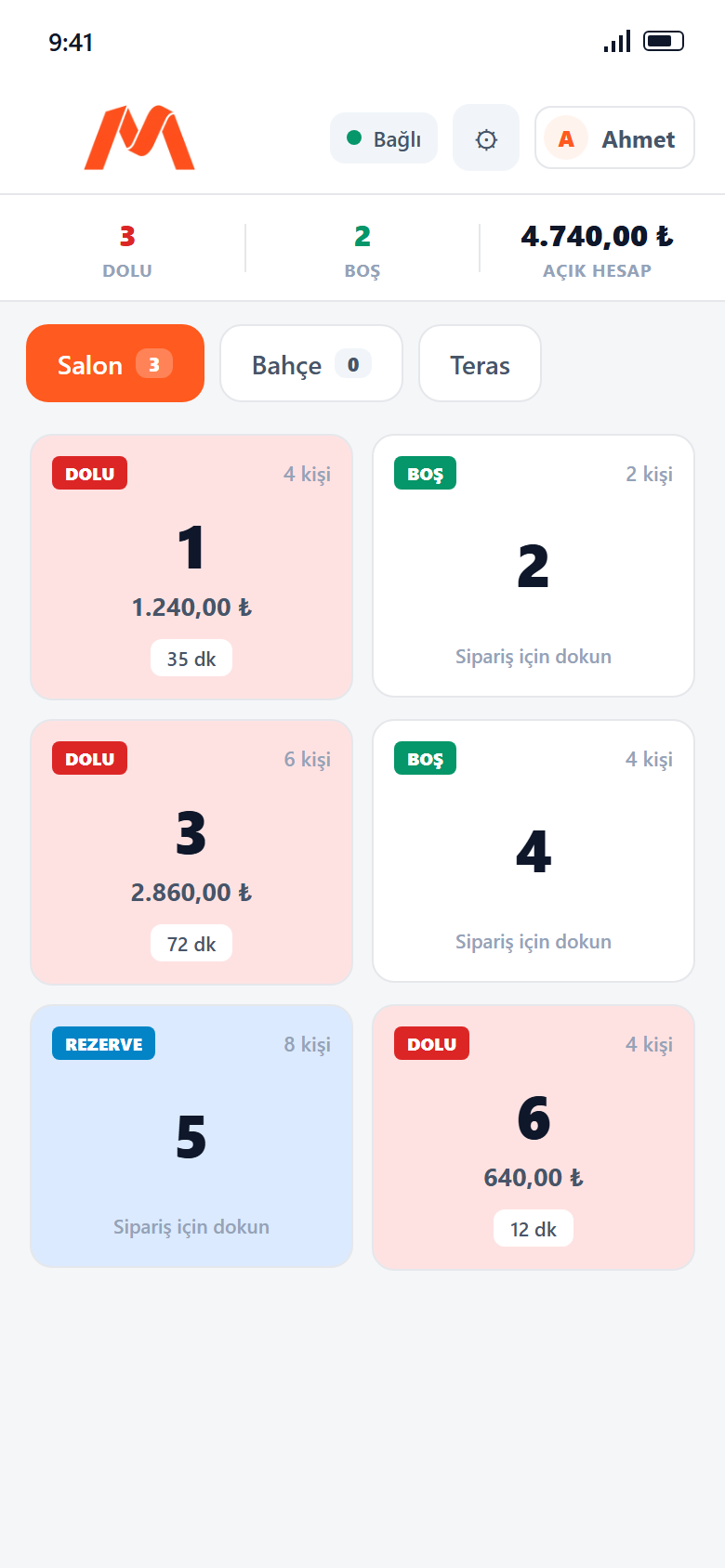 Mubipos Mobil - masa listesi